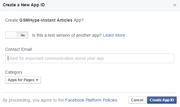Create app id confirmation